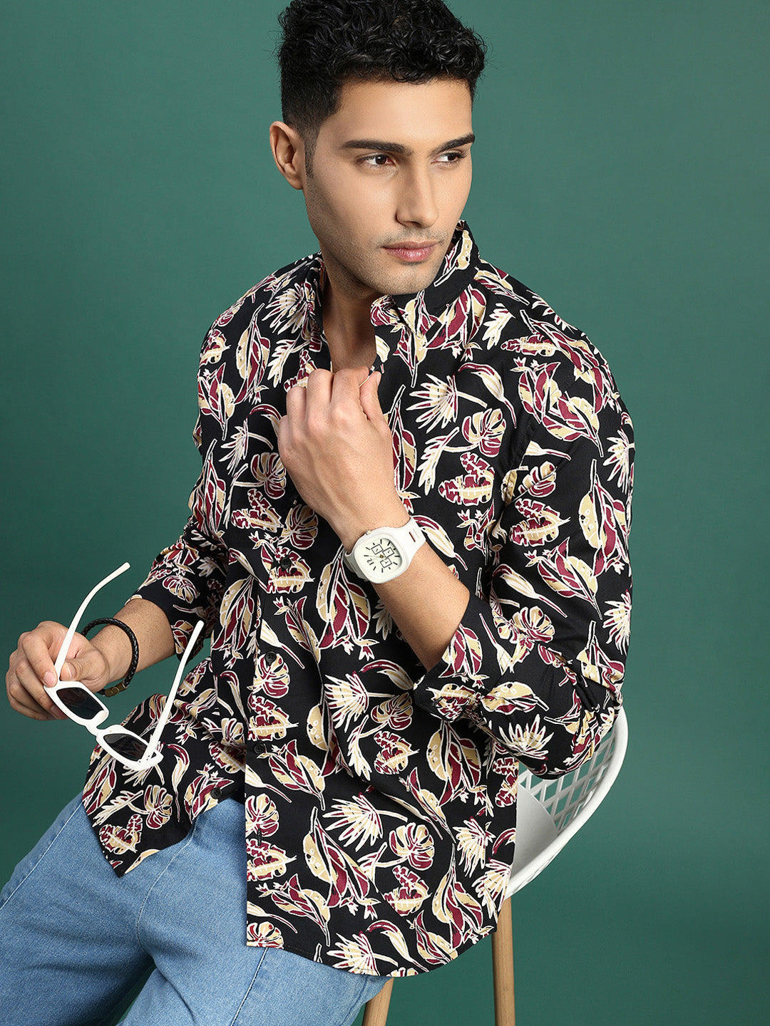 Men Floral Black Slim Fit Shirt