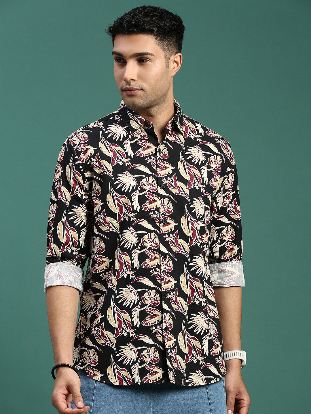 Men Floral Black Slim Fit Shirt