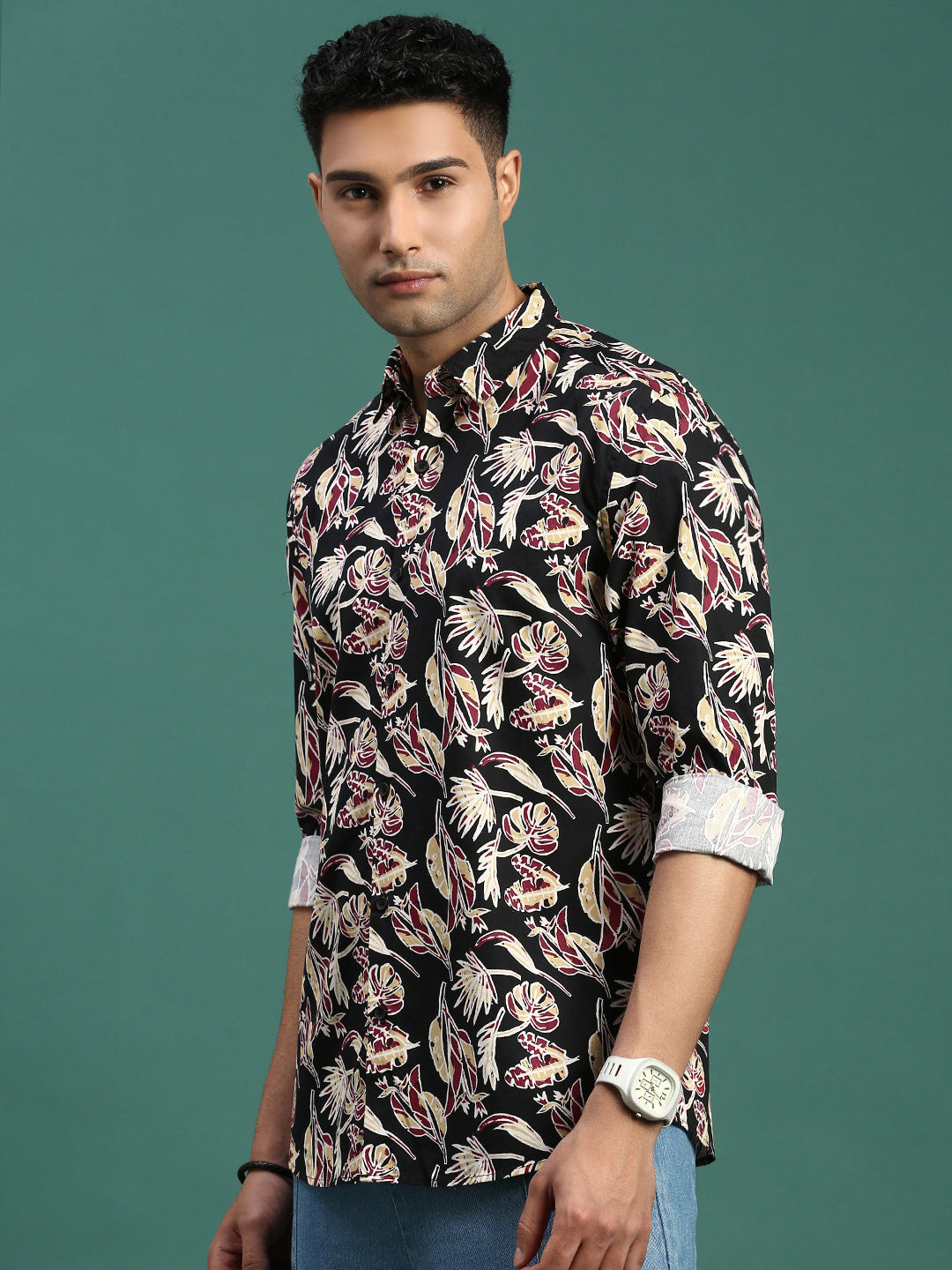 Men Floral Black Slim Fit Shirt