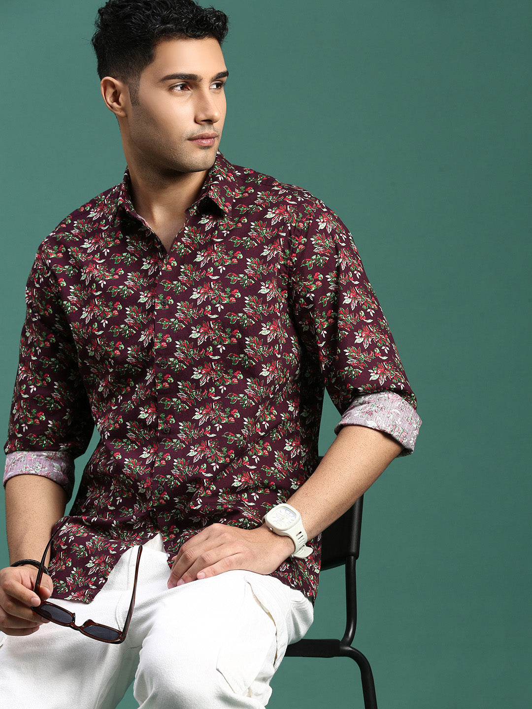 Men Floral Brown Slim Fit Shirt