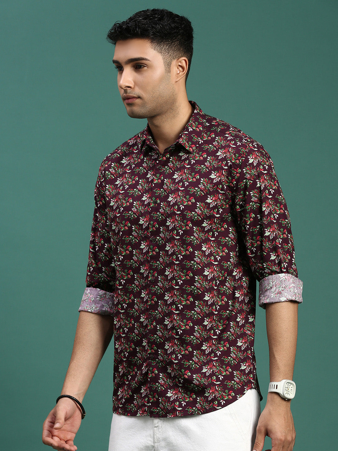 Men Floral Brown Slim Fit Shirt