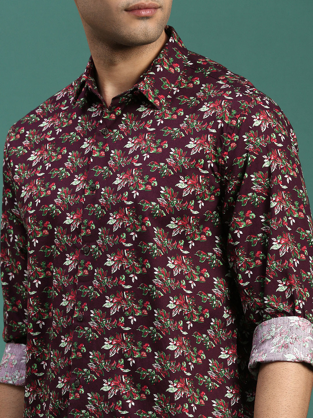 Men Floral Brown Slim Fit Shirt