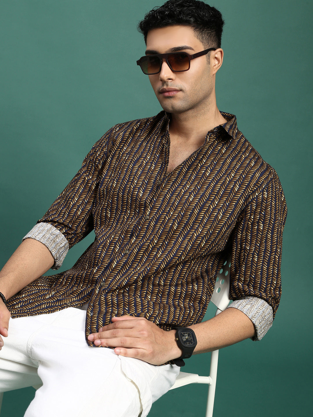 Men Striped Olive Slim Fit Shirt