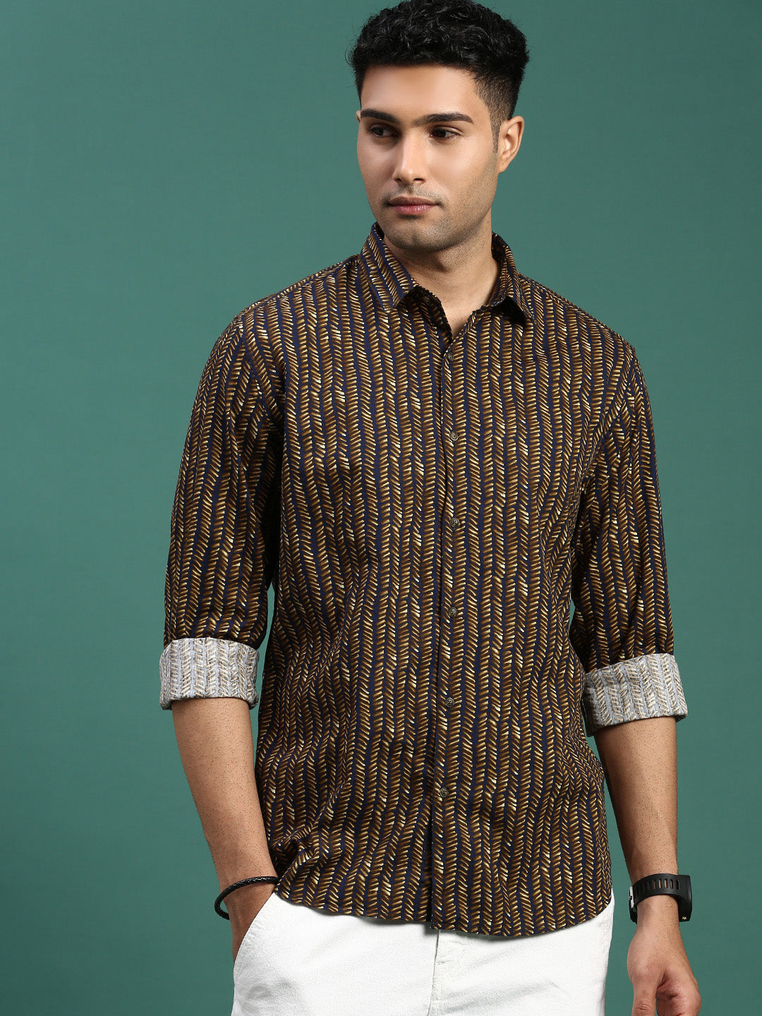 Men Striped Olive Slim Fit Shirt