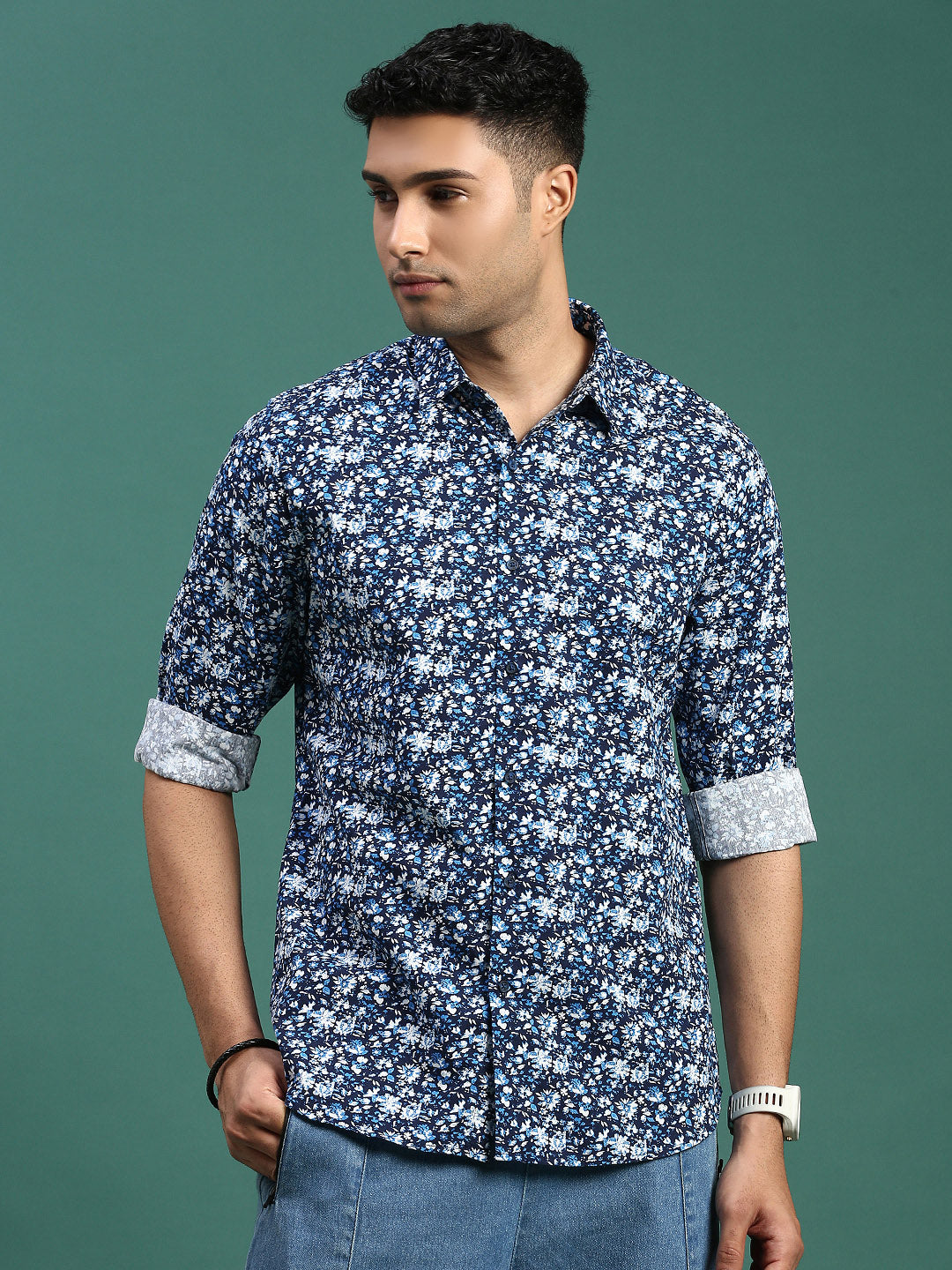 Men Floral Blue Slim Fit Shirt