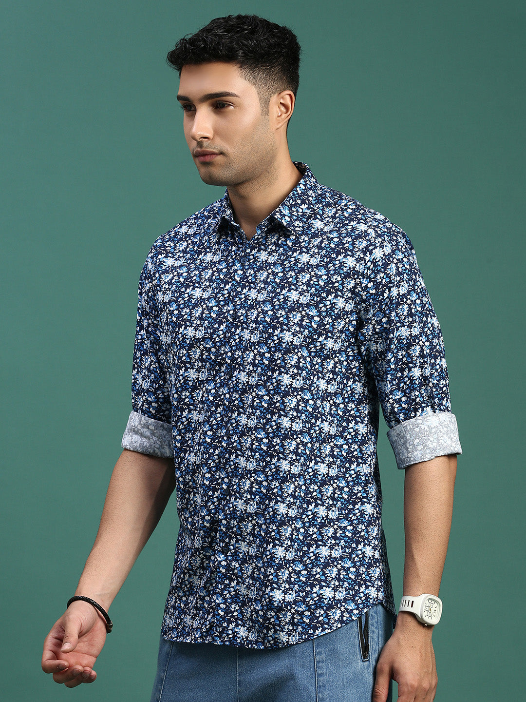 Men Floral Blue Slim Fit Shirt