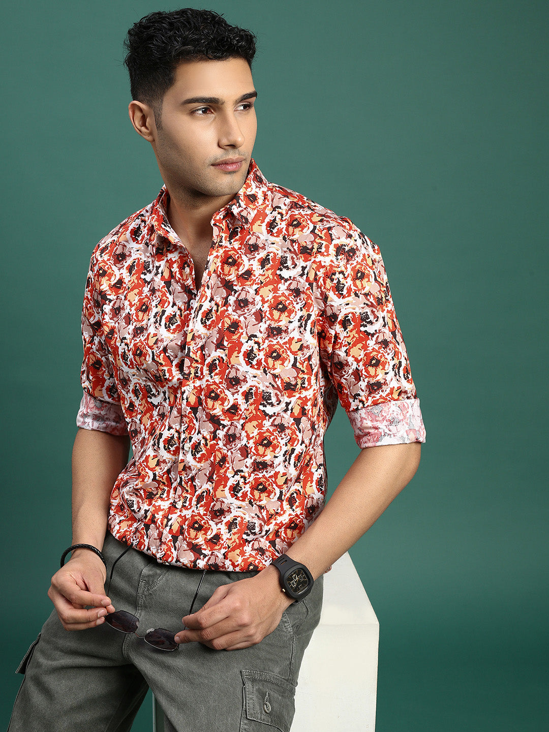 Men Floral Orange Slim Fit Shirt