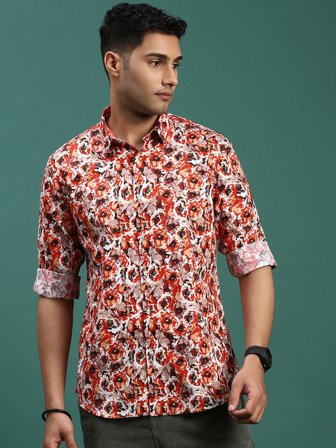 Men Floral Orange Slim Fit Shirt