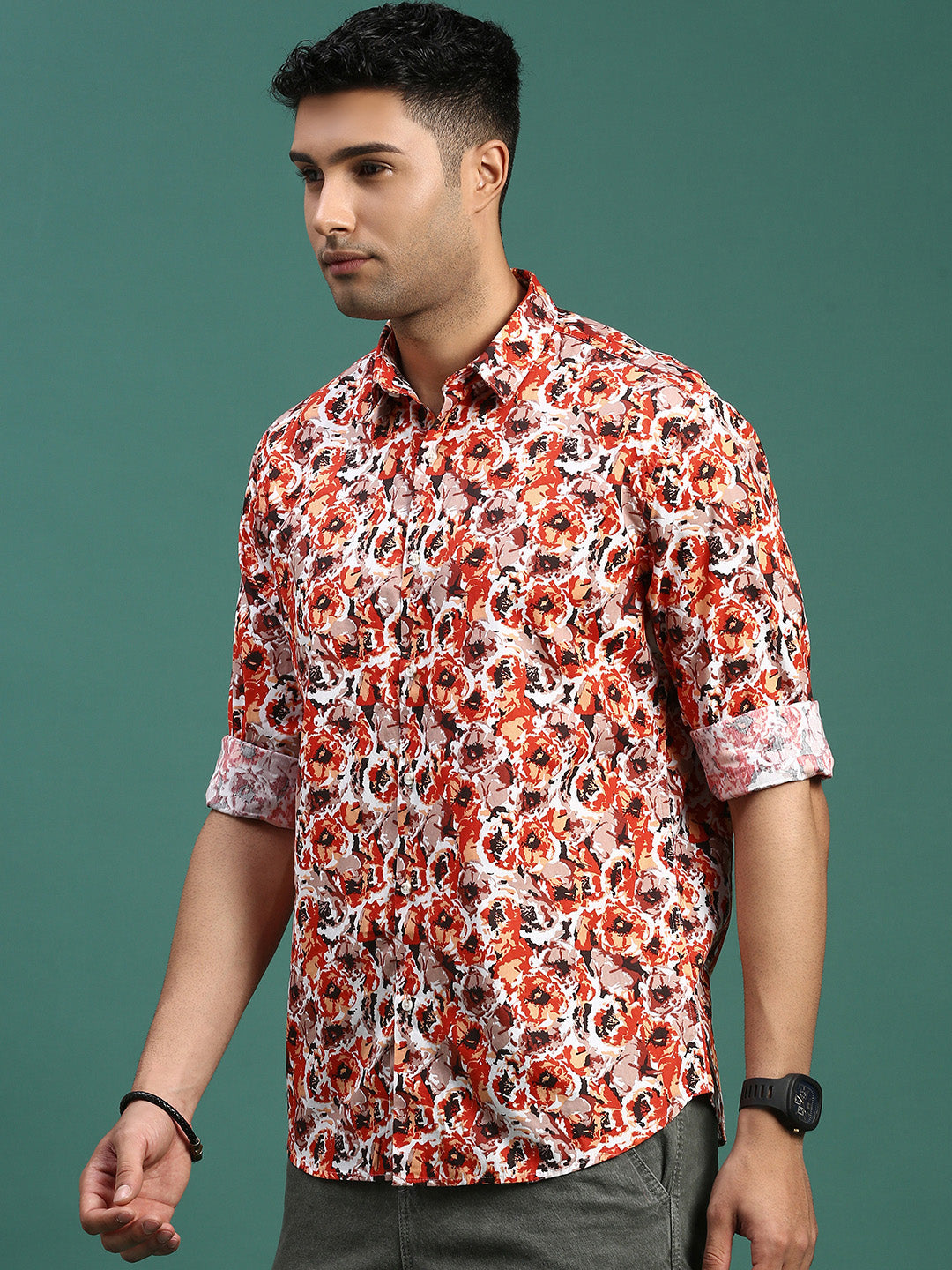 Men Floral Orange Slim Fit Shirt