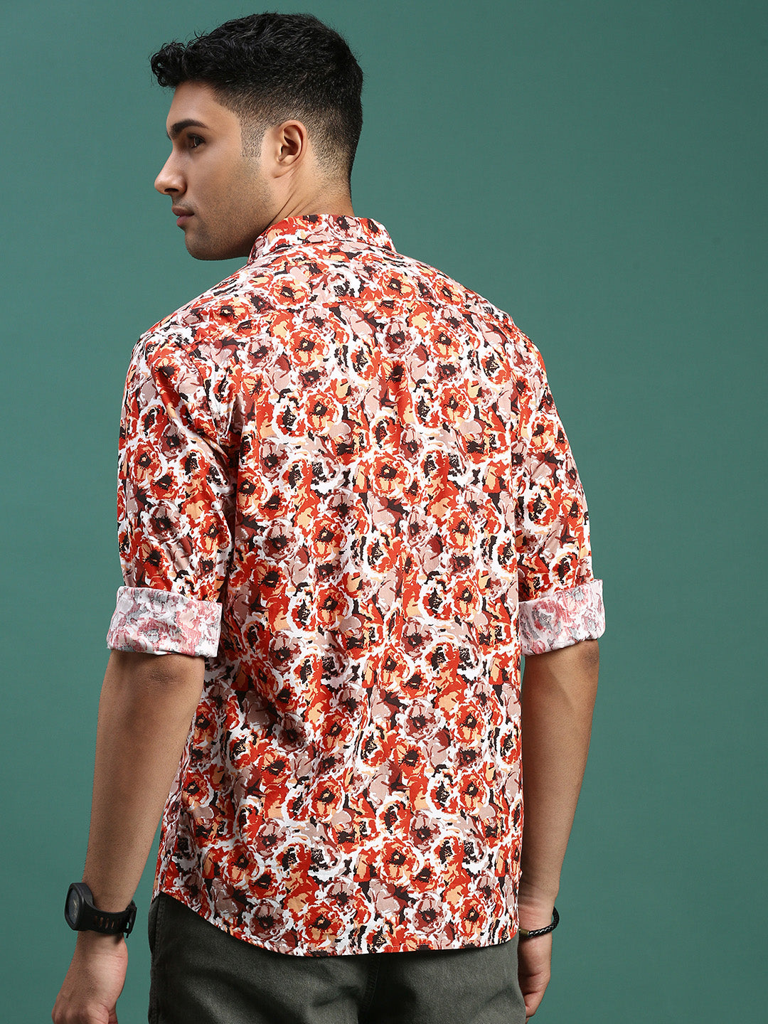 Men Floral Orange Slim Fit Shirt