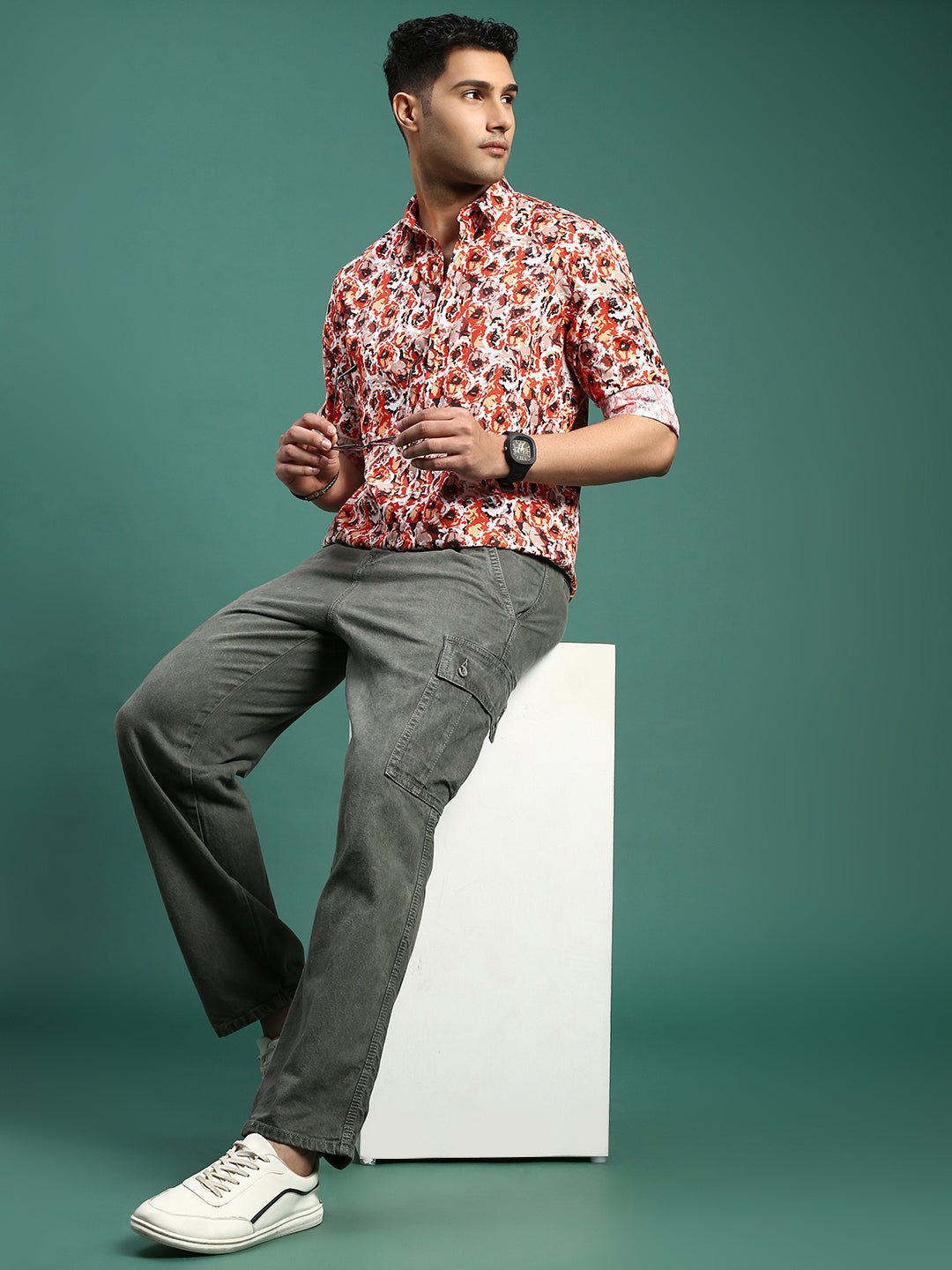 Men Floral Orange Slim Fit Shirt