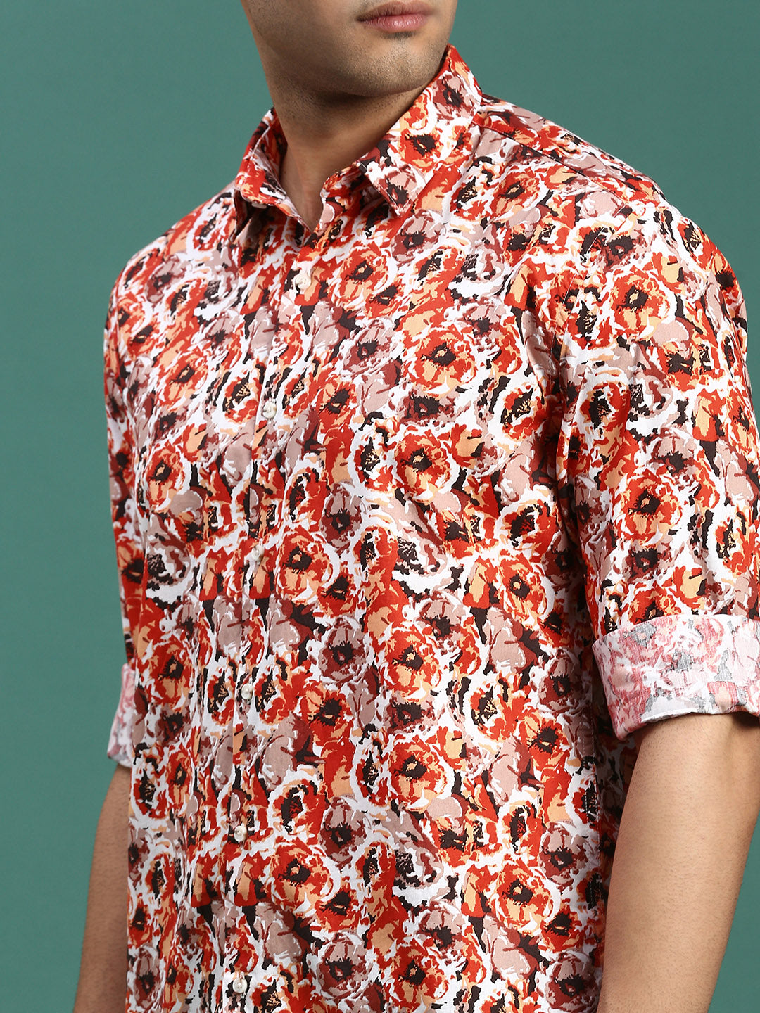 Men Floral Orange Slim Fit Shirt