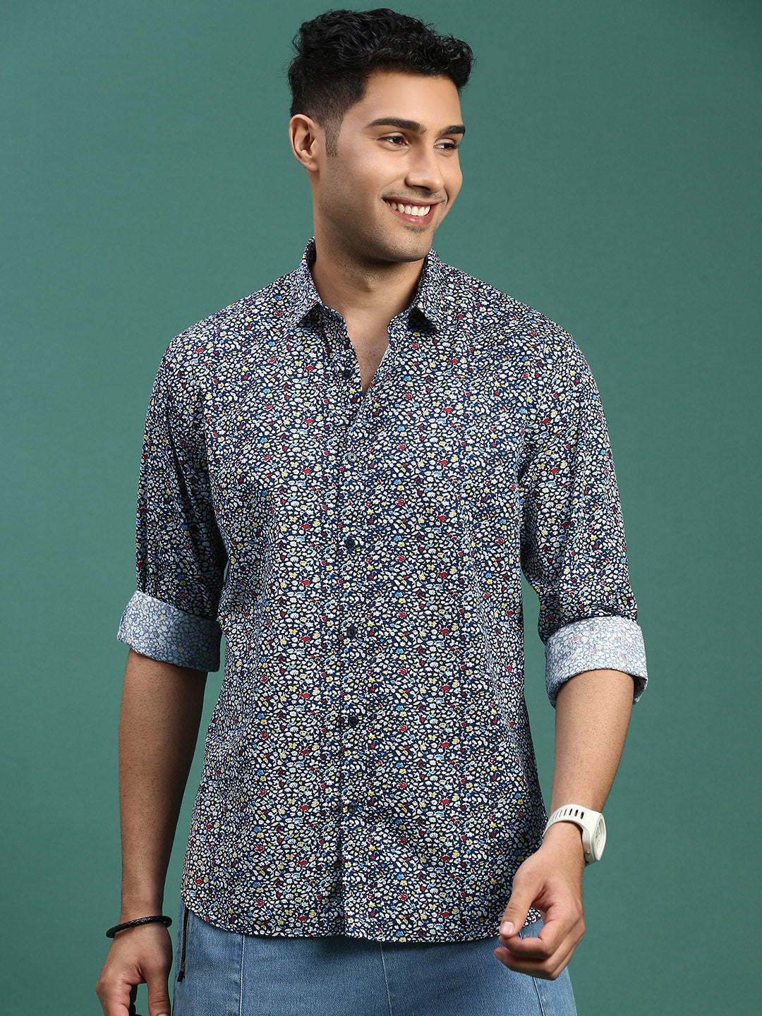 Men Floral Navy Blue Slim Fit Shirt