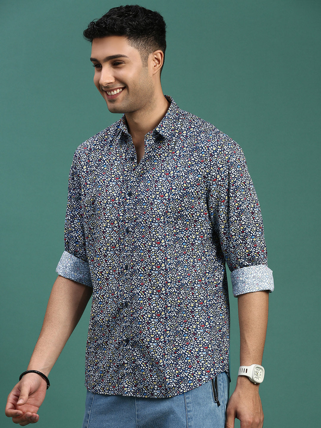 Men Floral Navy Blue Slim Fit Shirt