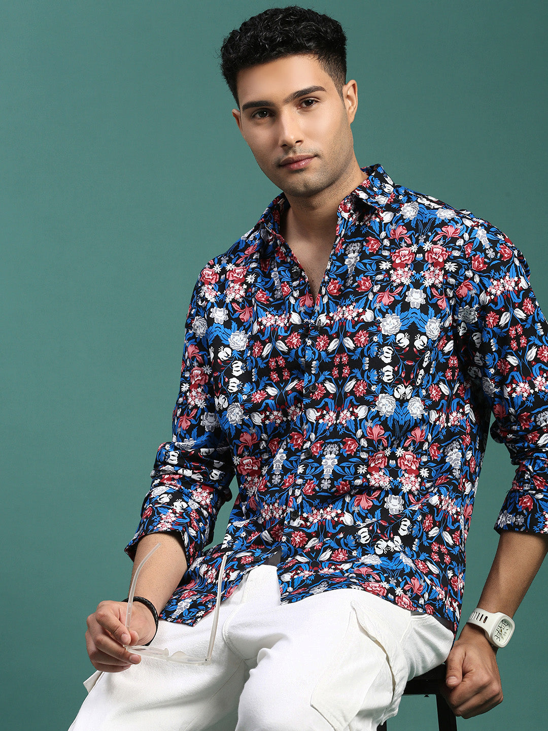 Men Floral Blue Slim Fit Shirt