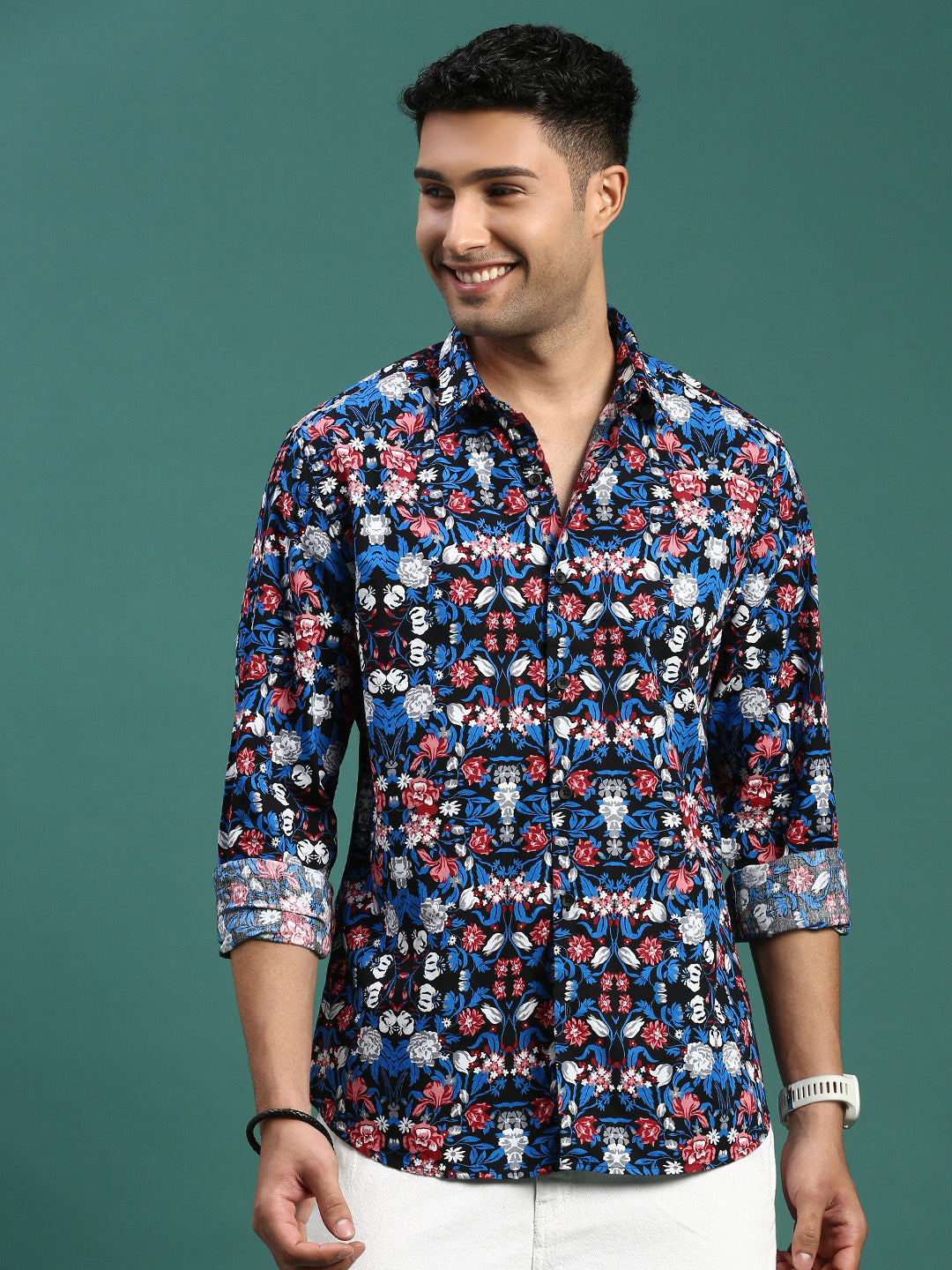 Men Floral Blue Slim Fit Shirt