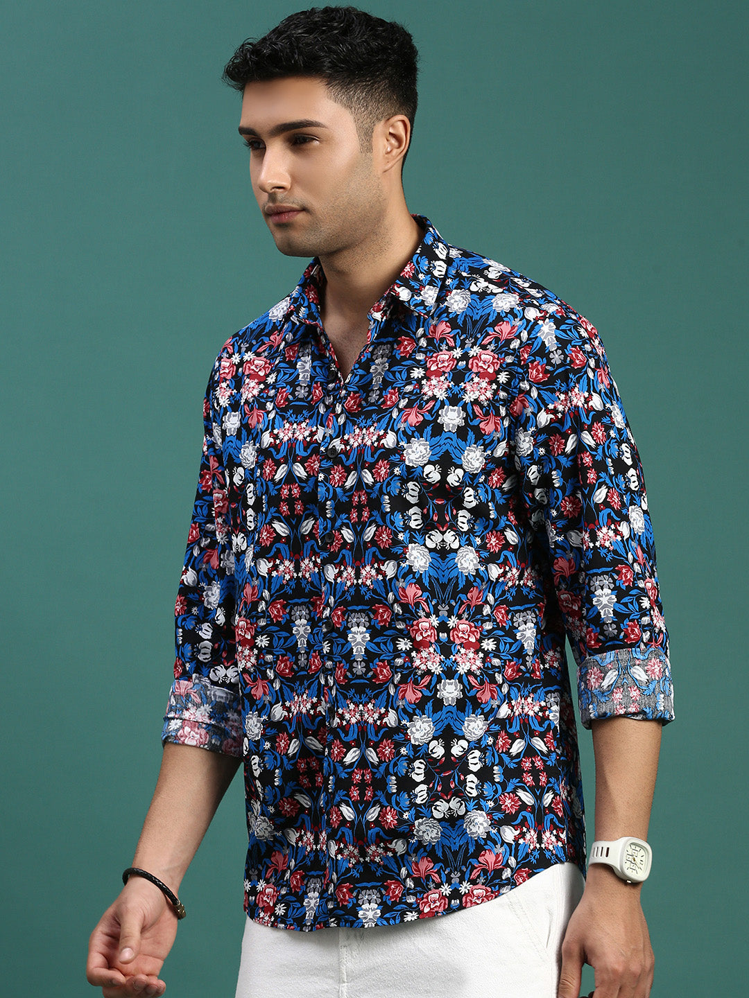 Men Floral Blue Slim Fit Shirt