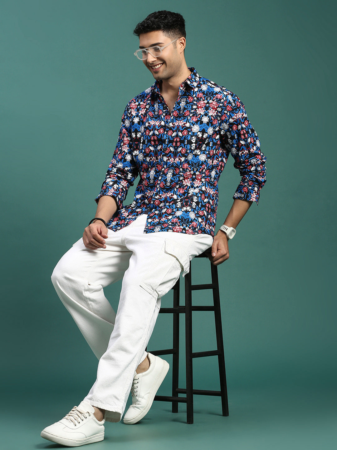 Men Floral Blue Slim Fit Shirt