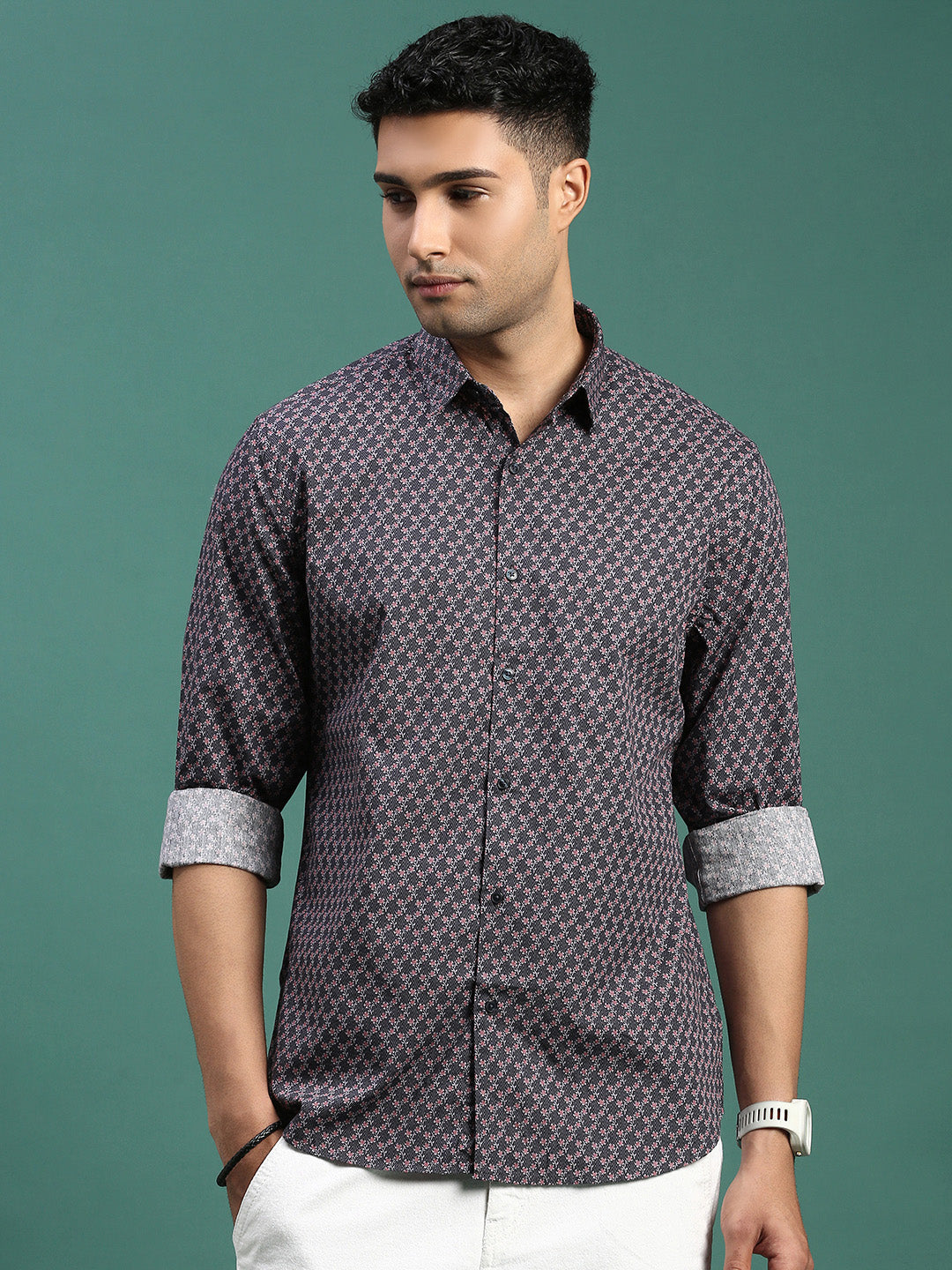 Men Floral Grey Slim Fit Shirt