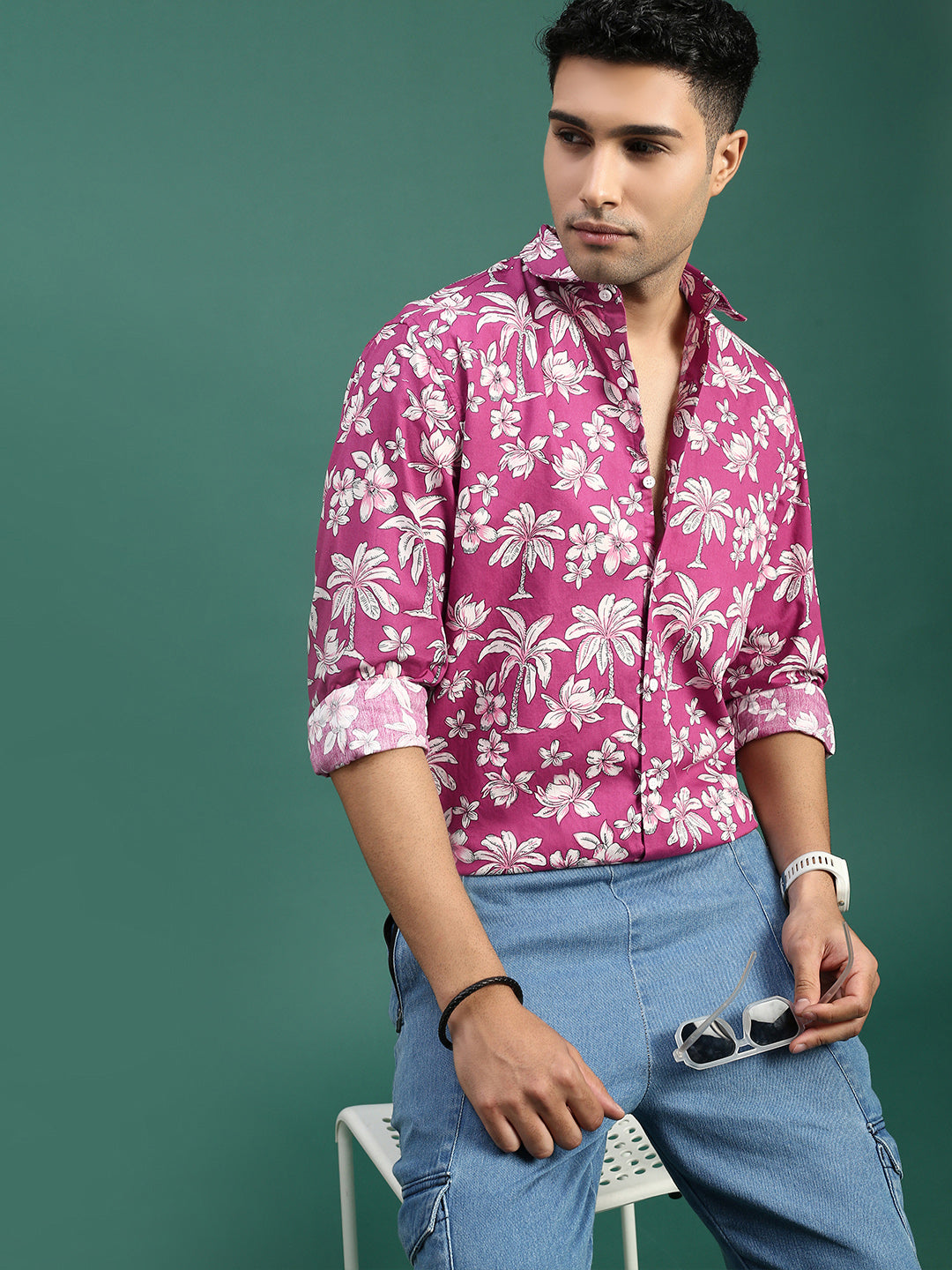 Men Floral Pink Slim Fit Shirt