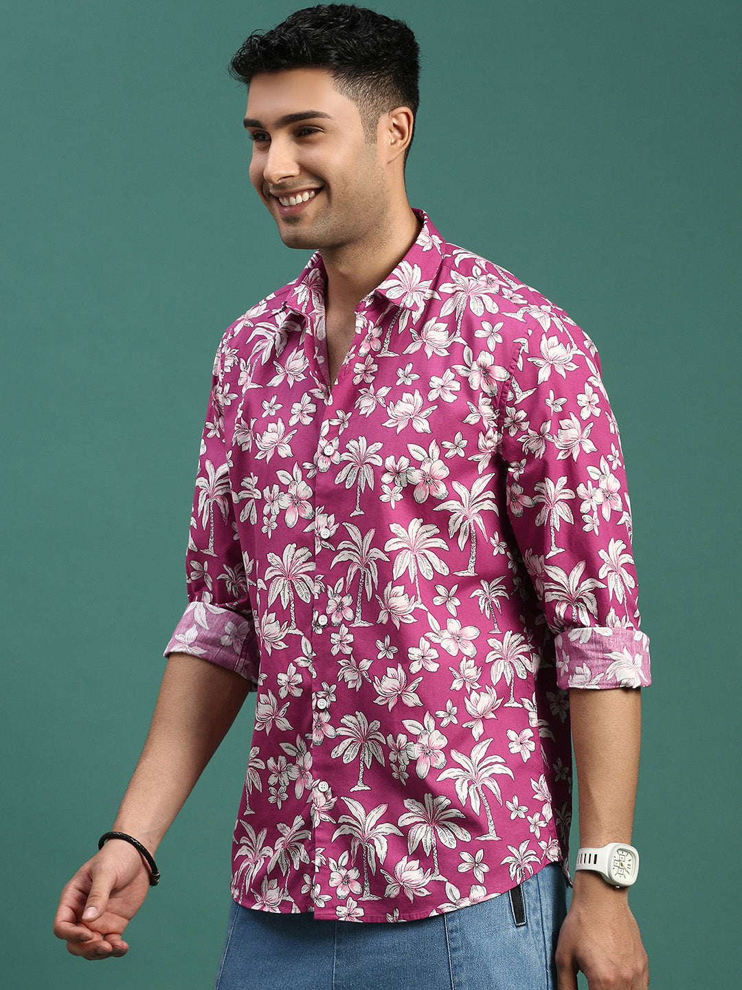 Men Floral Pink Slim Fit Shirt