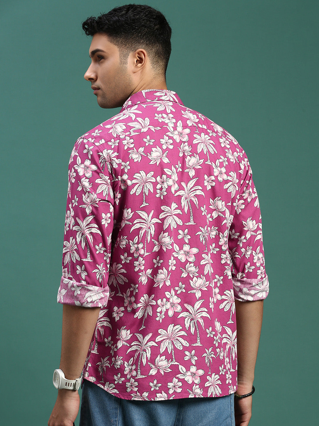 Men Floral Pink Slim Fit Shirt