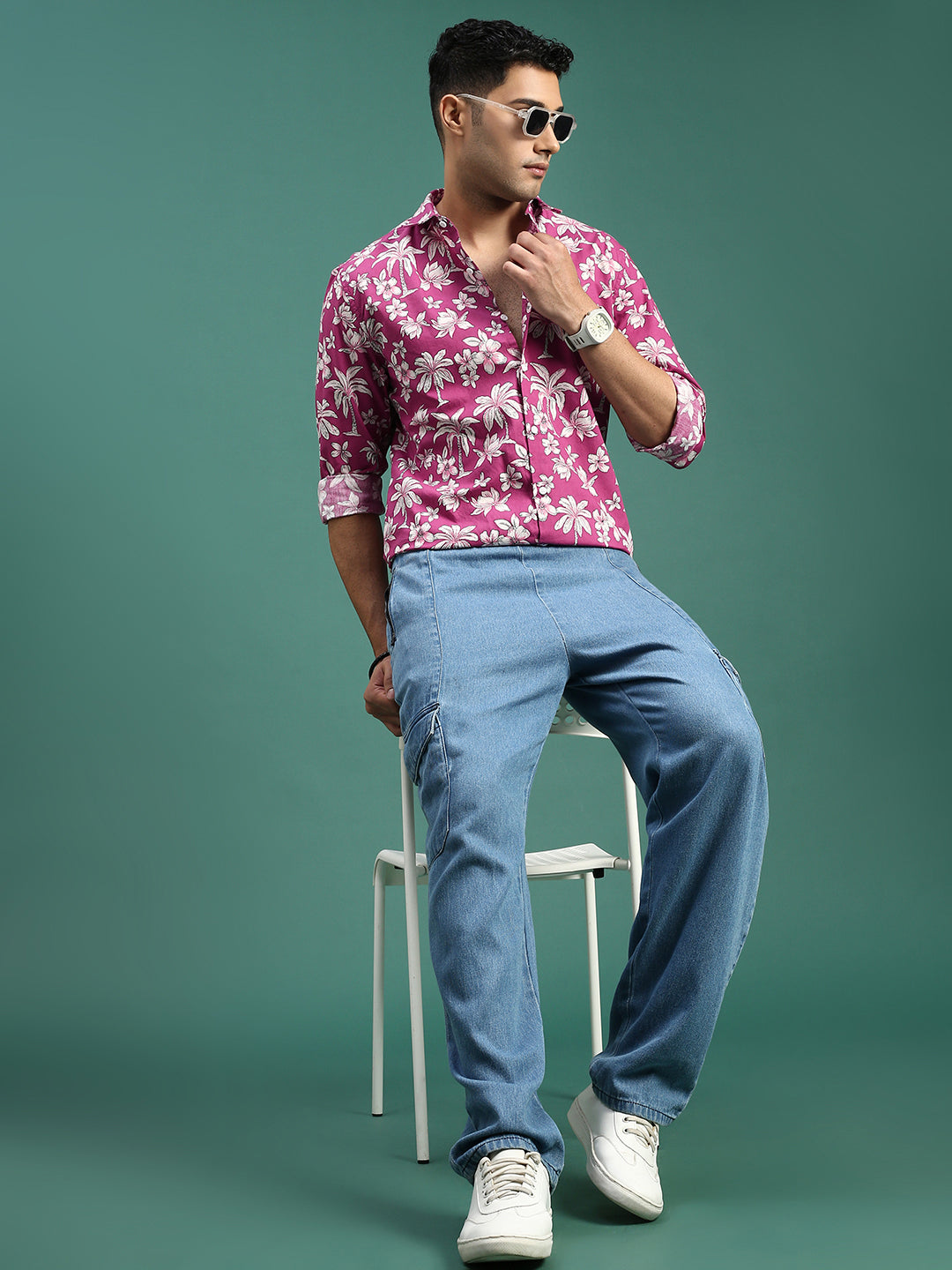 Men Floral Pink Slim Fit Shirt