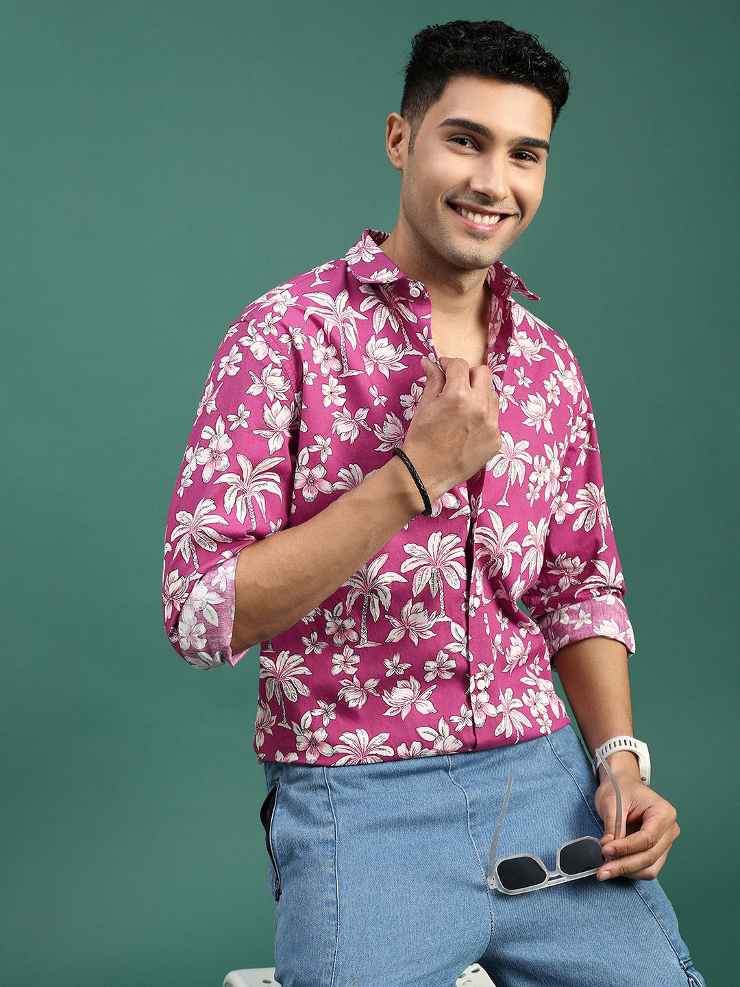 Men Floral Pink Slim Fit Shirt