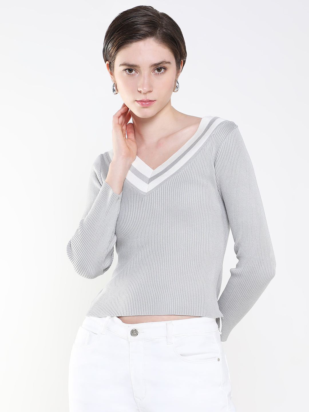 Women Solid Grey Fitted Top