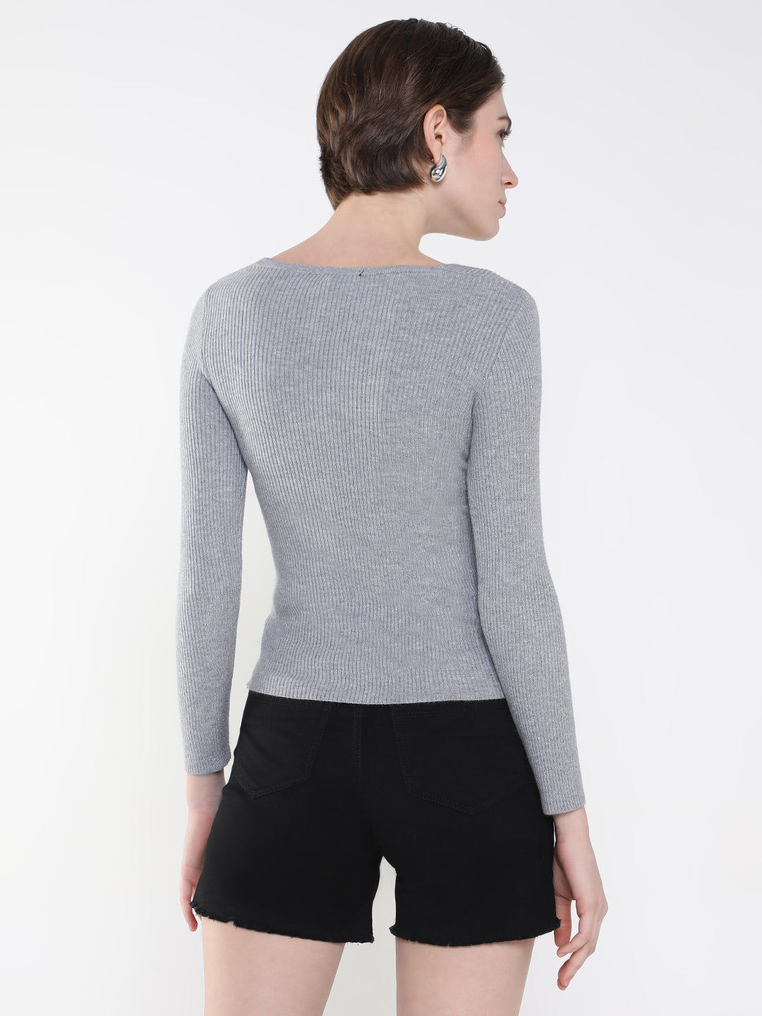 Women Solid Grey Fitted Top