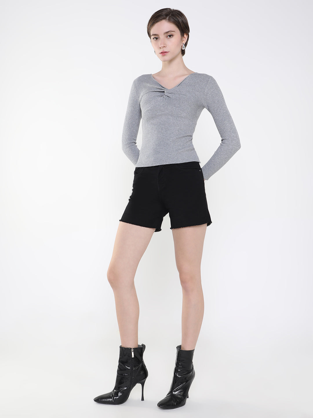 Women Solid Grey Fitted Top