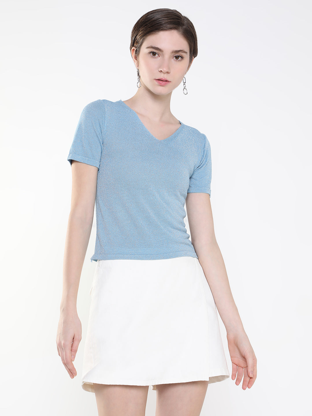 Women Shimmer Blue Fitted Top