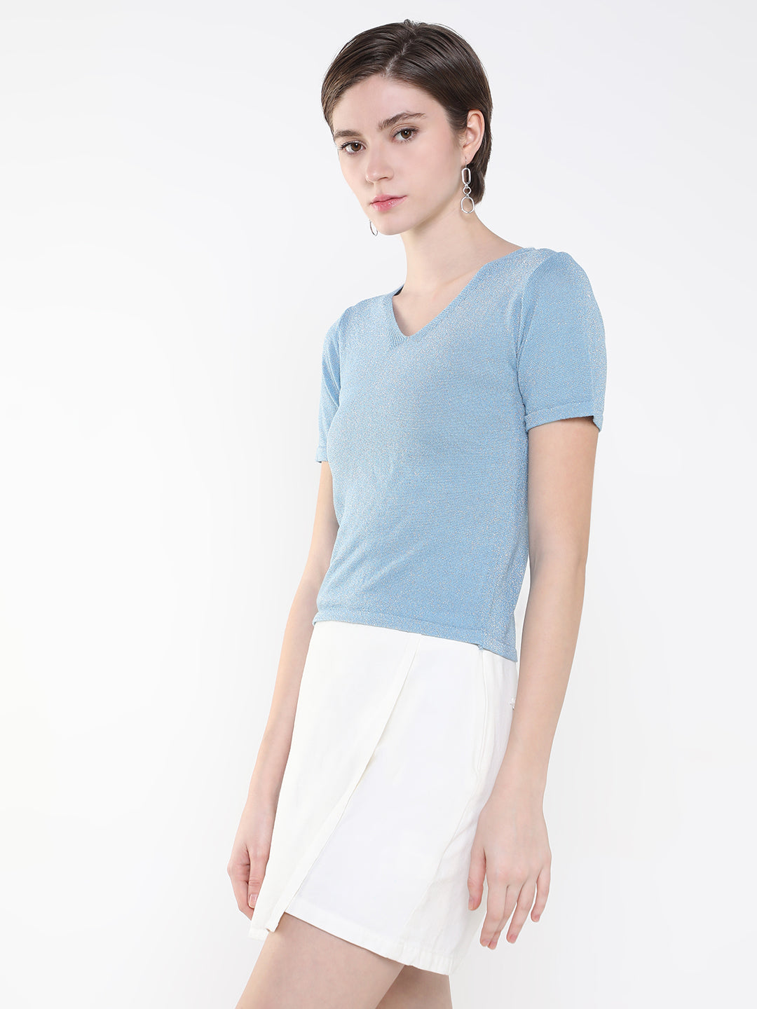 Women Shimmer Blue Fitted Top