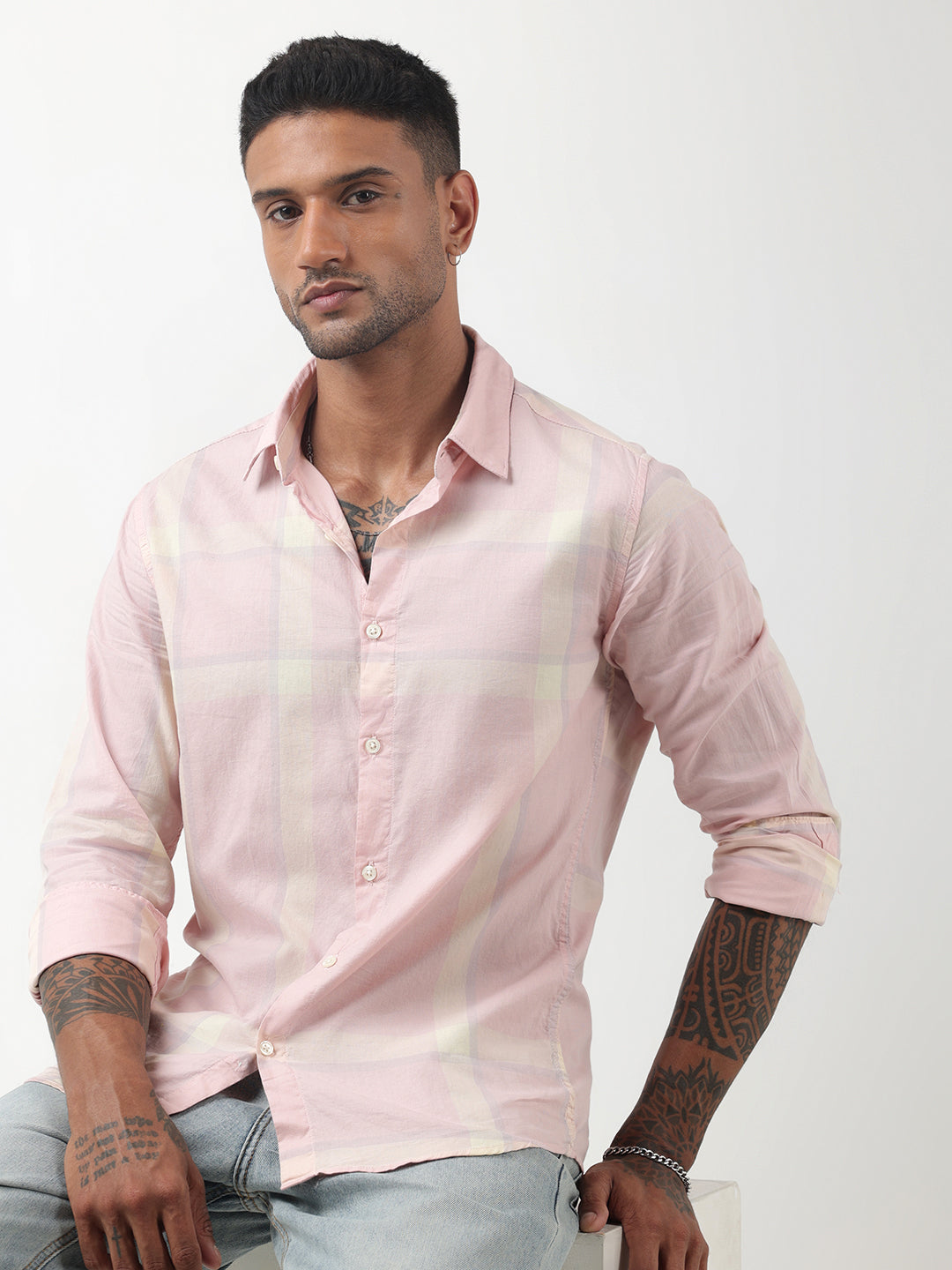 Men's Checked Pink Regular Fit Button-Down Shirt