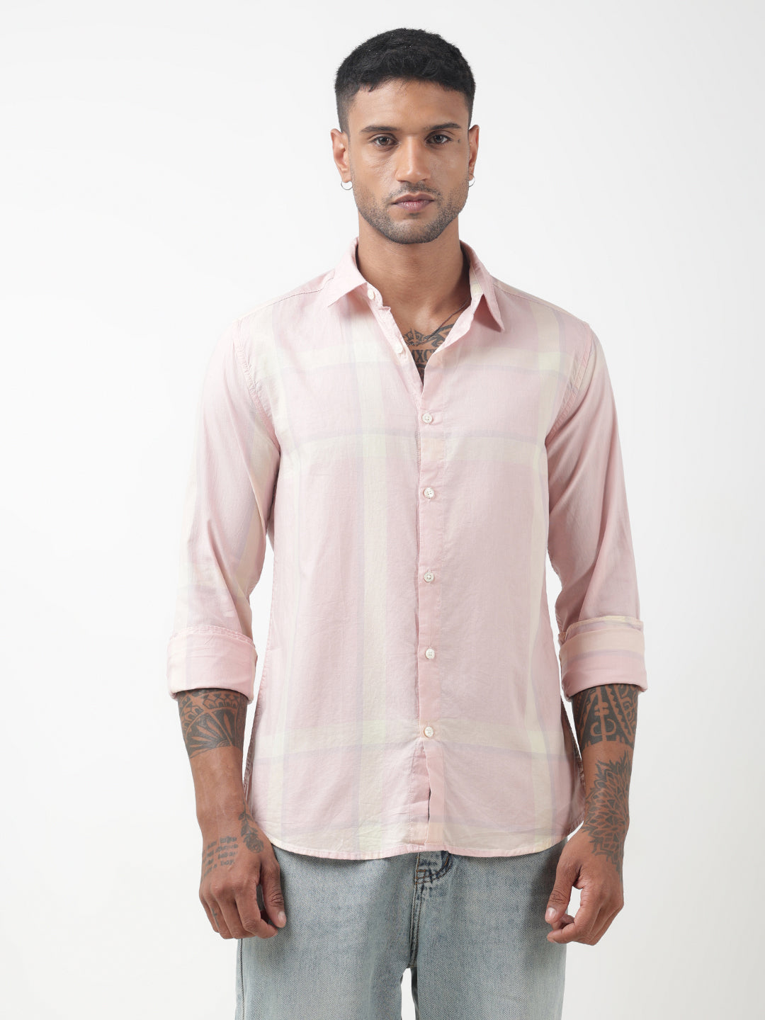 Men's Checked Pink Regular Fit Button-Down Shirt