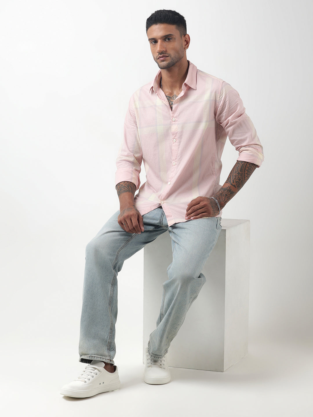 Men's Checked Pink Regular Fit Button-Down Shirt