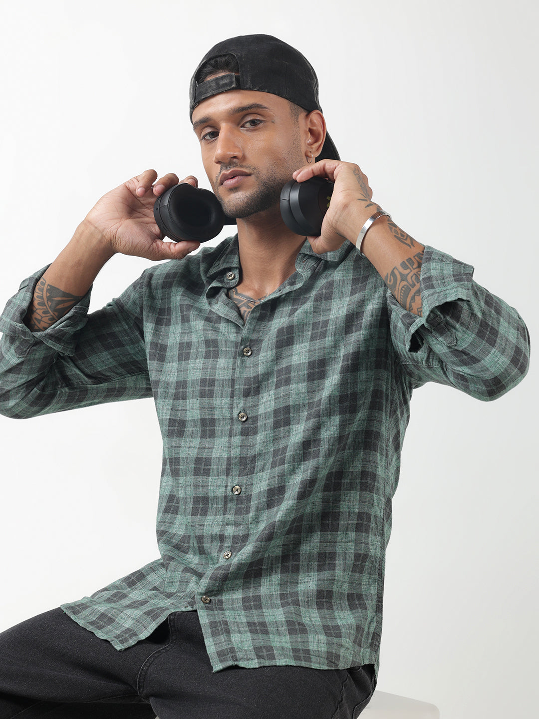 Men's Checked Green Regular Fit Button-Down Shirt