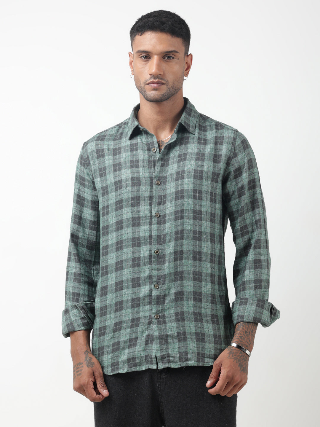 Men's Checked Green Regular Fit Button-Down Shirt