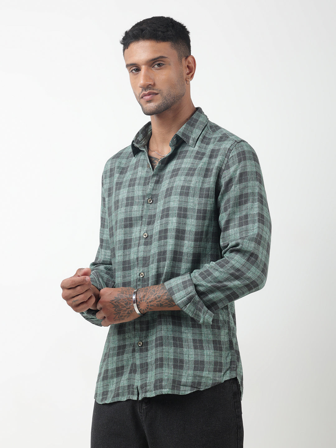 Men's Checked Green Regular Fit Button-Down Shirt