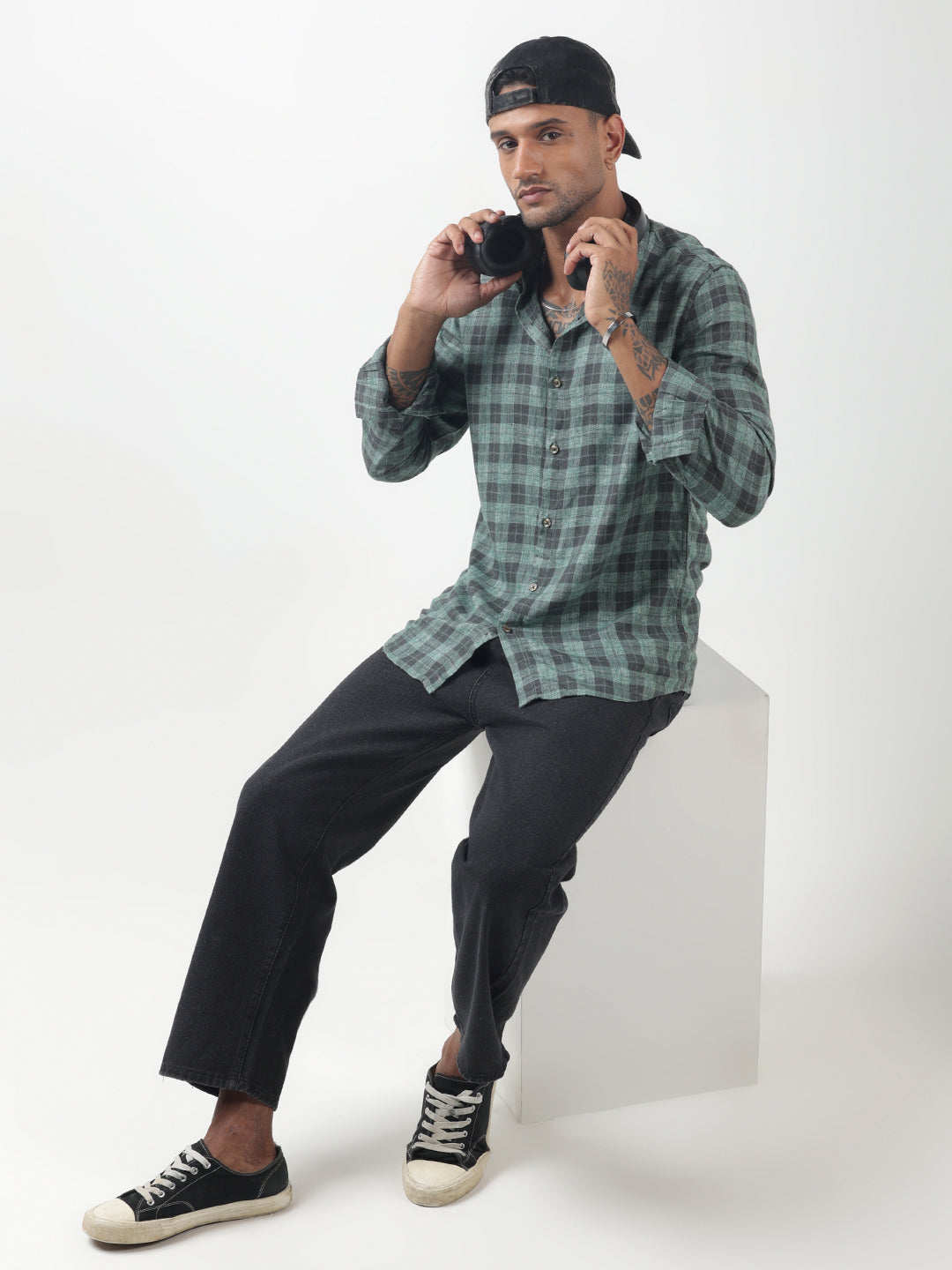 Men's Checked Green Regular Fit Button-Down Shirt