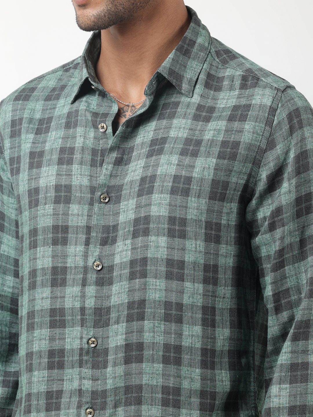Men's Checked Green Regular Fit Button-Down Shirt