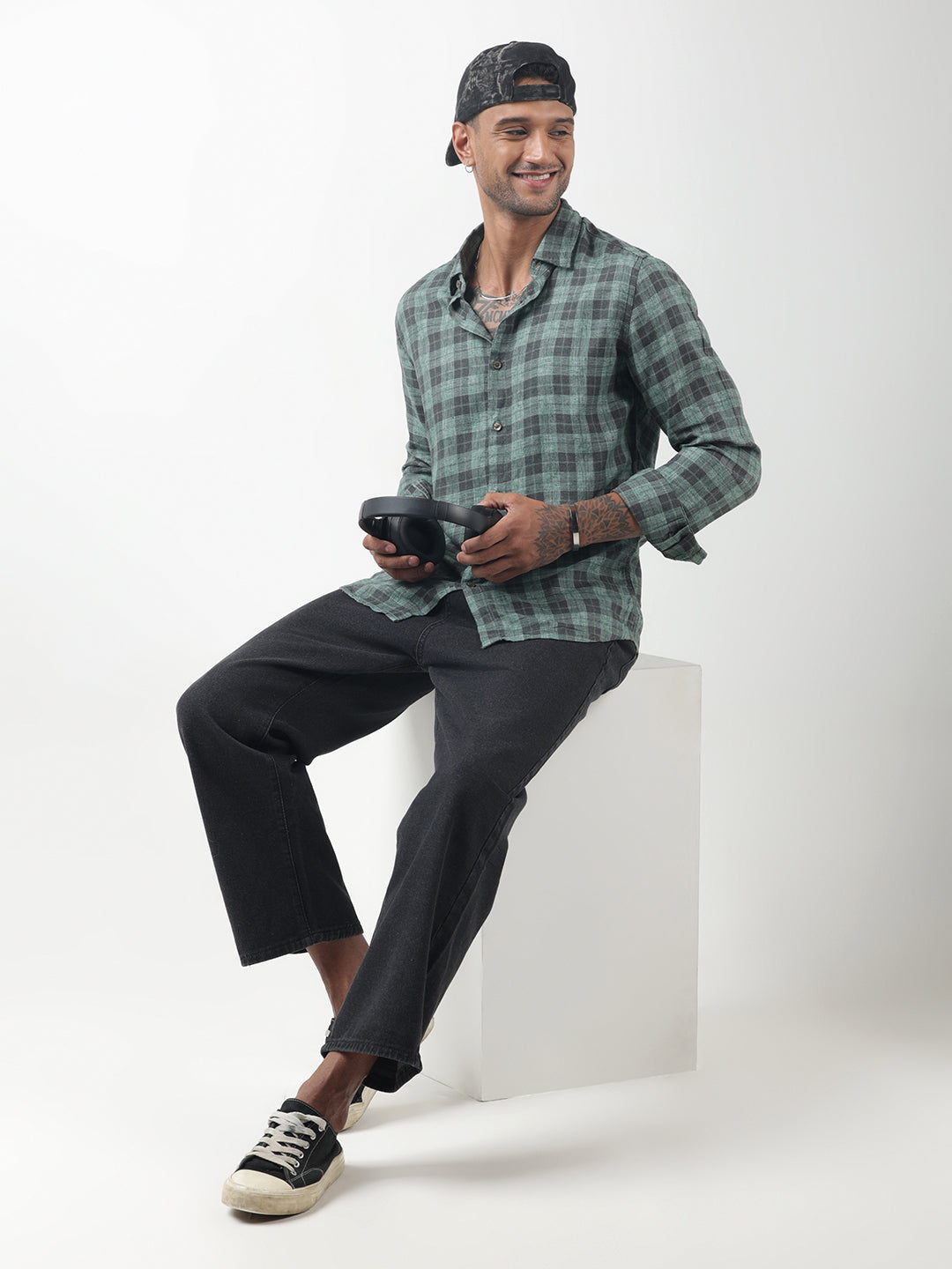 Men's Checked Green Regular Fit Button-Down Shirt