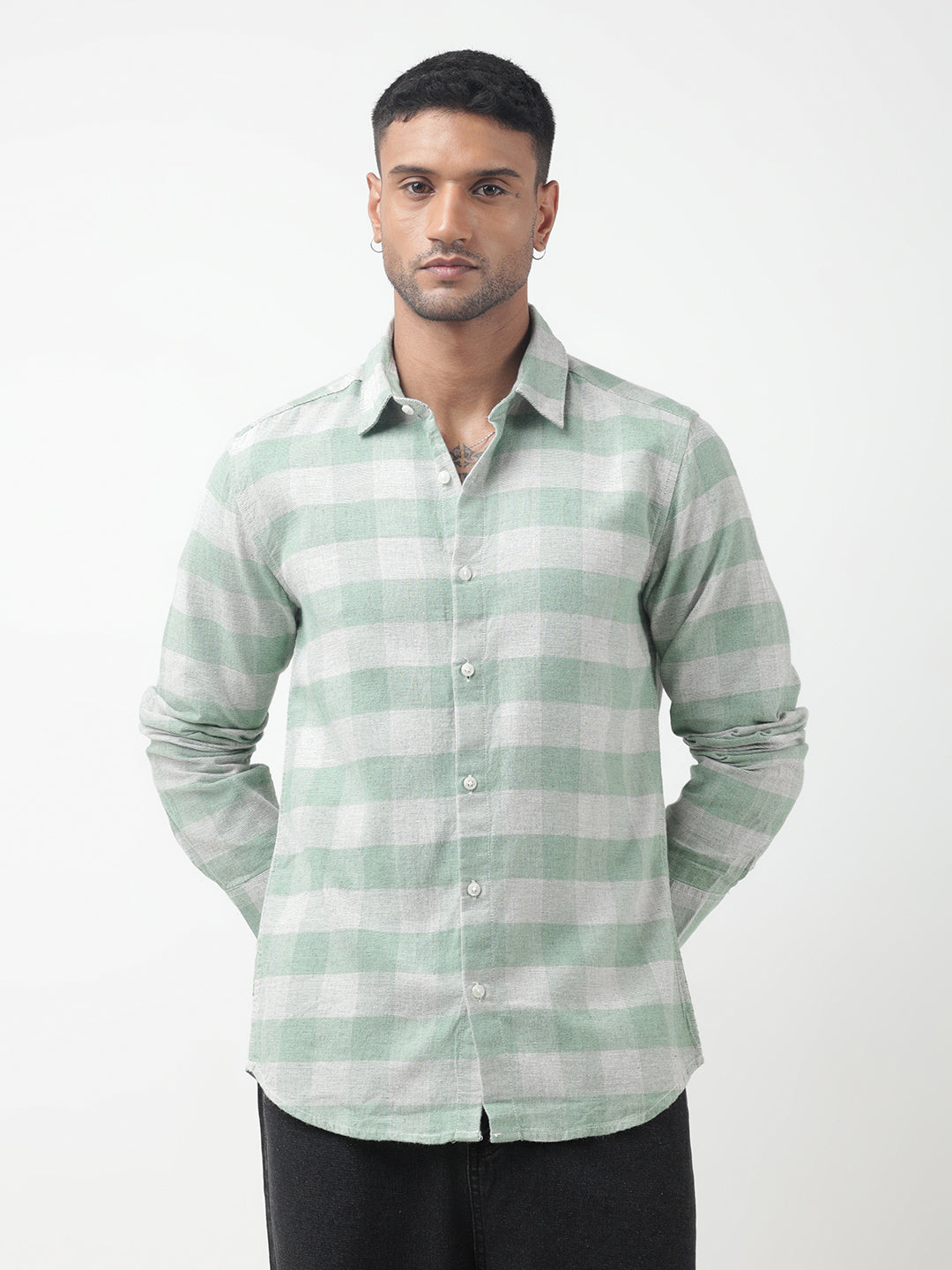 Men's Checked Green Regular Fit Button-Down Shirt