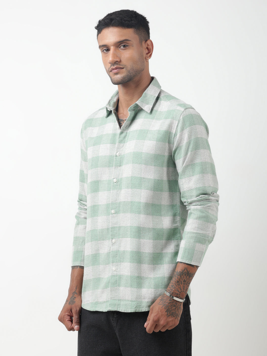 Men's Checked Green Regular Fit Button-Down Shirt