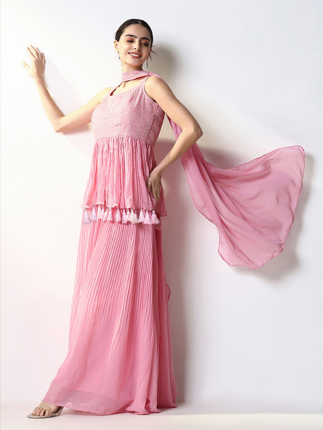 Women Solid Pink Anarkali Kurta Set with Dupatta