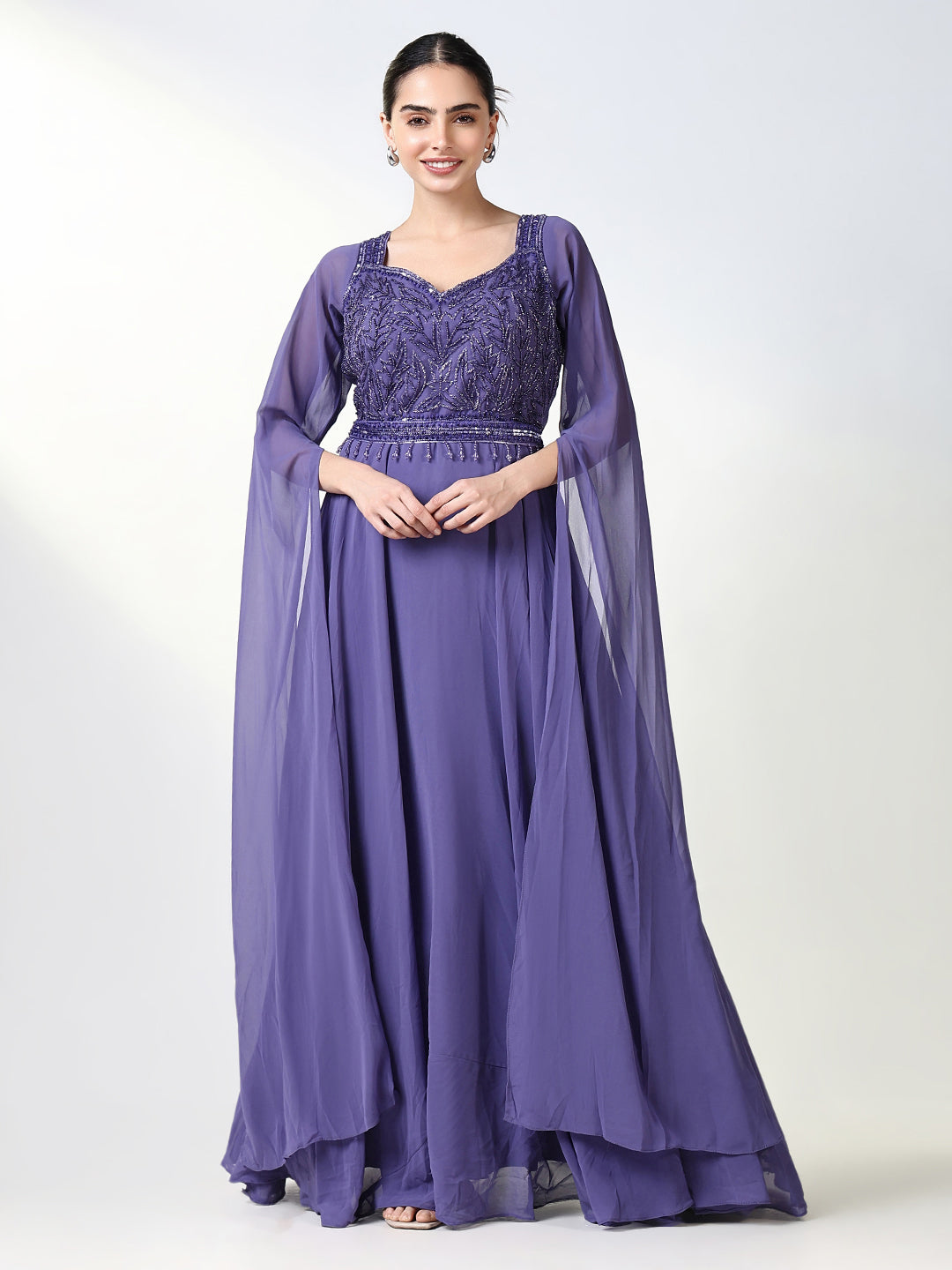 Women Purple Solid Ethnic Gown Dress with Belt