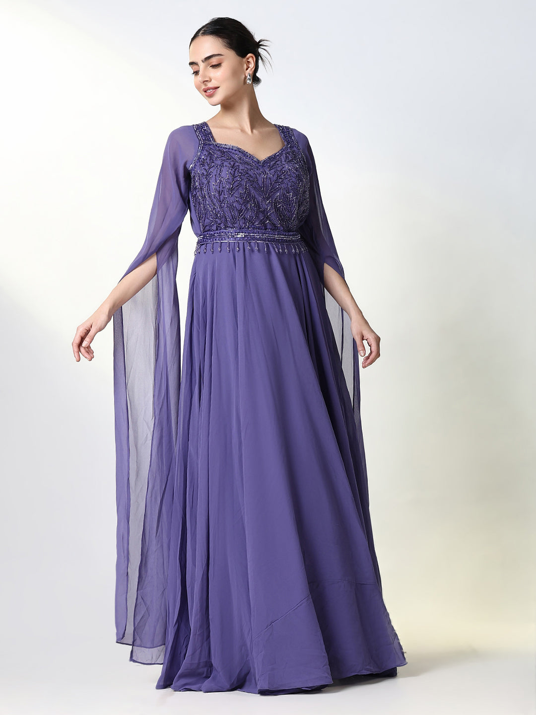 Women Purple Solid Ethnic Gown Dress with Belt