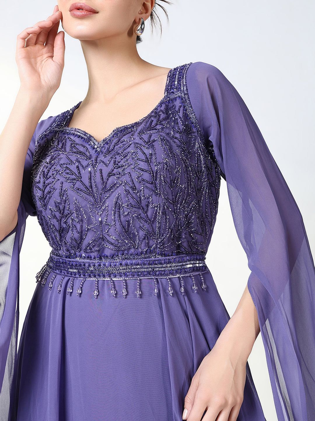 Women Purple Solid Ethnic Gown Dress with Belt