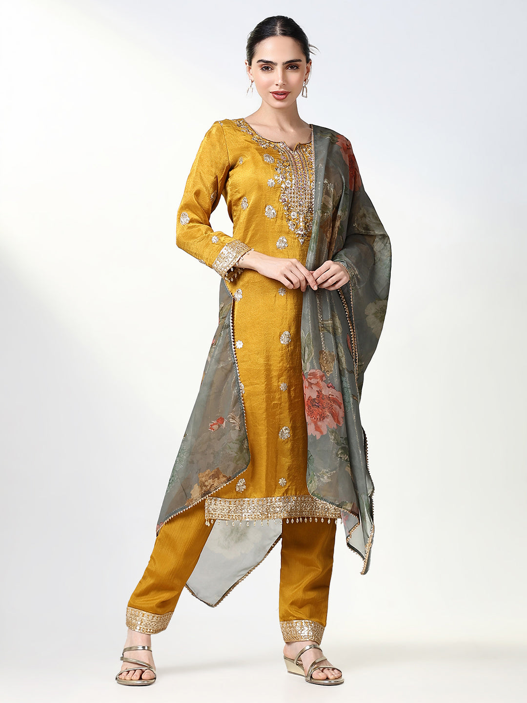 Women Solid Mustard Straight Kurta Set with Dupatta