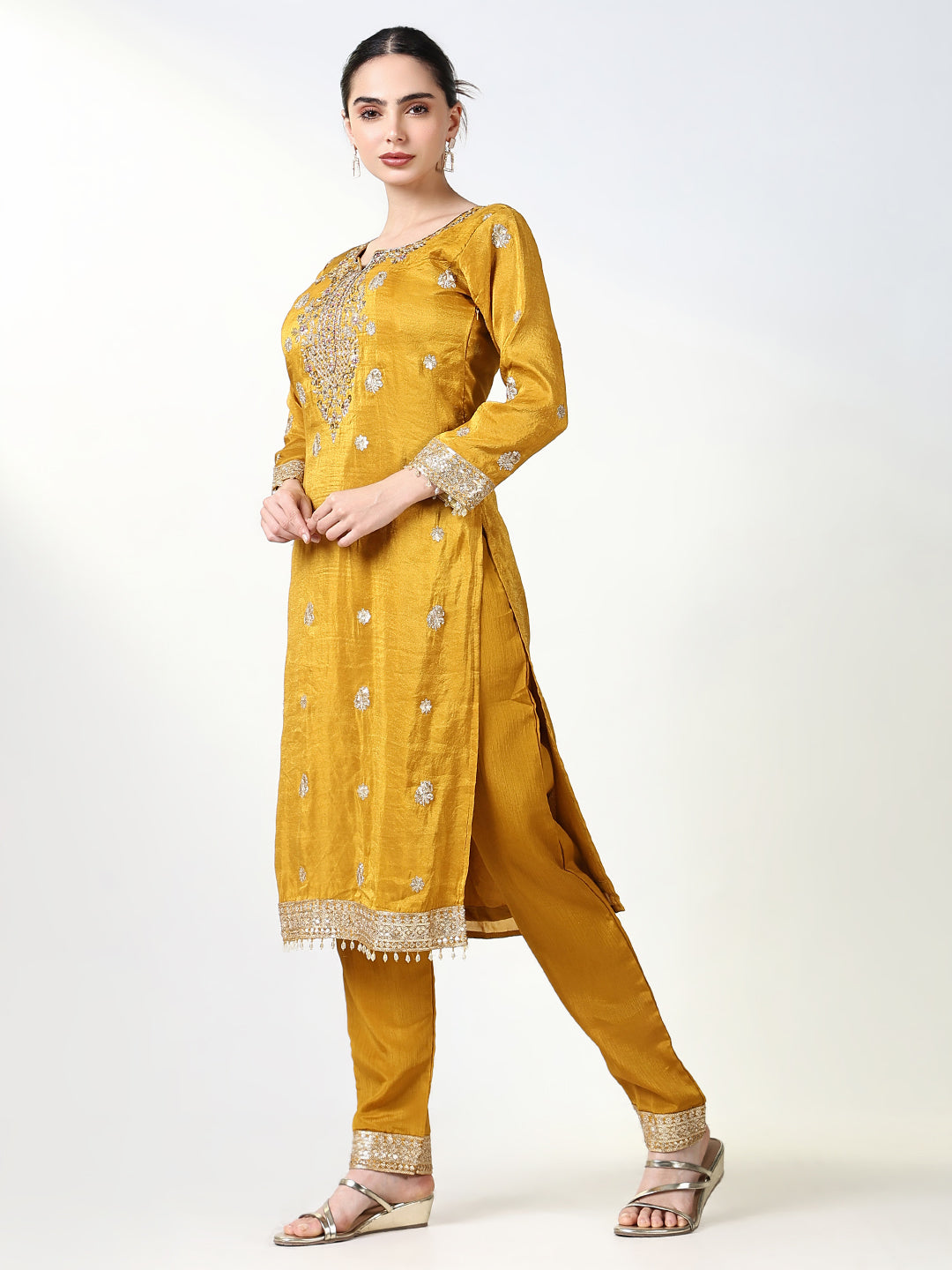 Women Solid Mustard Straight Kurta Set with Dupatta